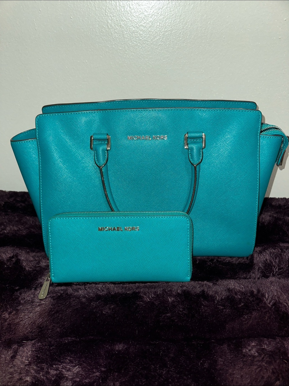 Michael Kors Teal Saffiano Satchel with Matching Wallet